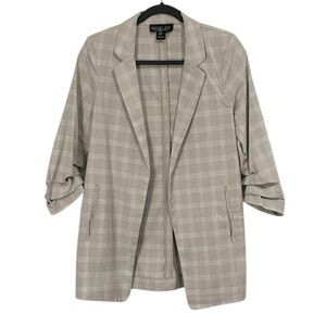 RACHEL ZOE EUC WOMENS BEIGE PLAID BLAZER JACKET  RUCHED SLEEVES SIZE SMALL